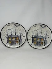 Potters Studio Set Of 2 Halloween Dinner Plates Haunted House Ghost Bats 2025