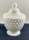 Vintage Fenton Hobnail White Milk Glass Footed Candy / Nut Jar with Lid 7" Tall