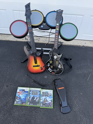 Xbox 360 Rock Band Bundle Drum Set Lot, 2 Guitars & 3 Games Tested