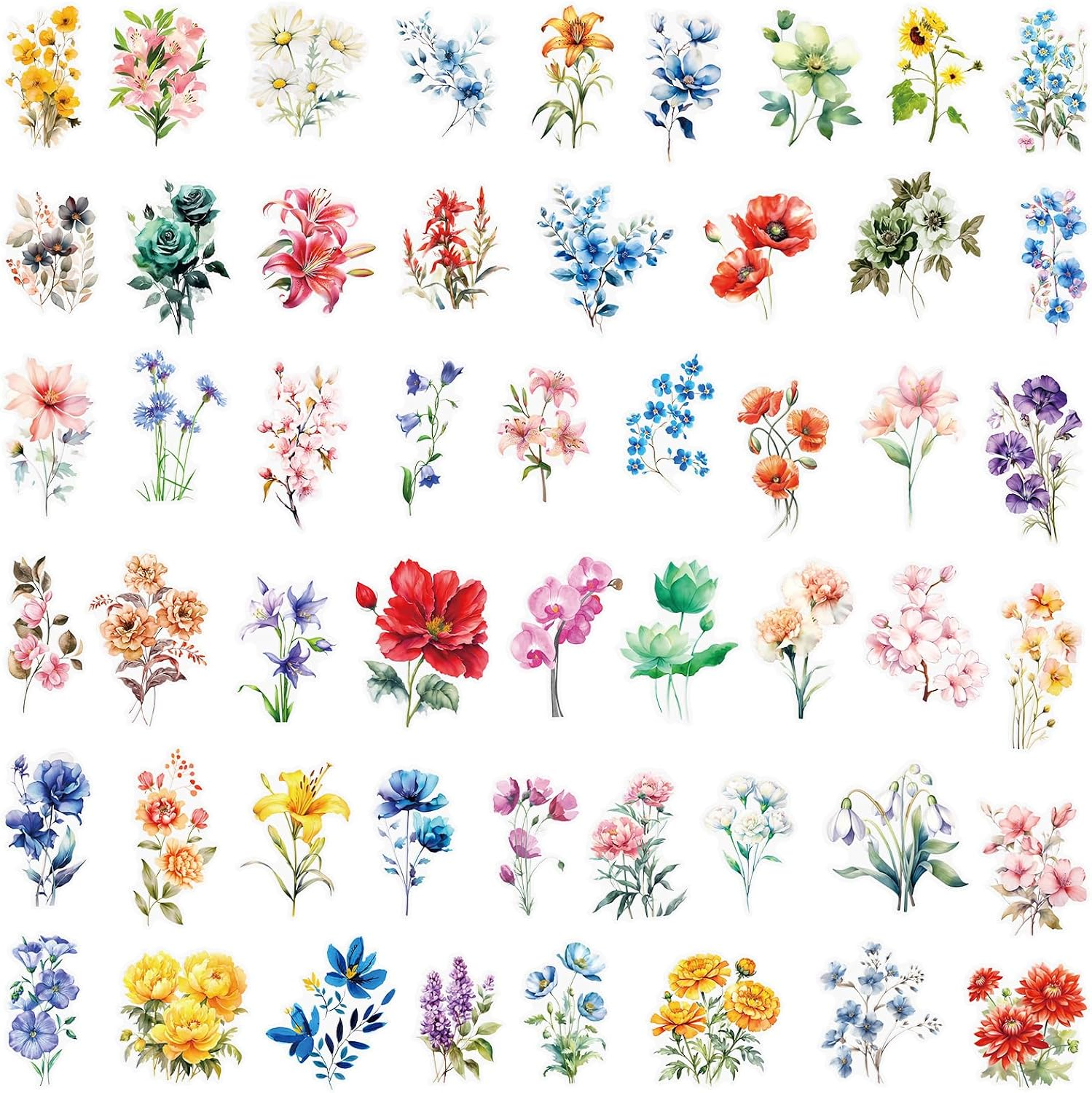 Sticker Floer Transparent Watercolor Floral Stickers - 50PCS Aesthetic Flower ...