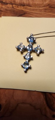 RS 925 Sterling Silver Blue Topaz CZ Ornate Cross Necklace Ross Simons 