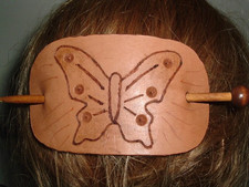 HAND TOOLED GENUINE LEATHER BUTTERFLY PONYTAIL HAIR BARRETTE