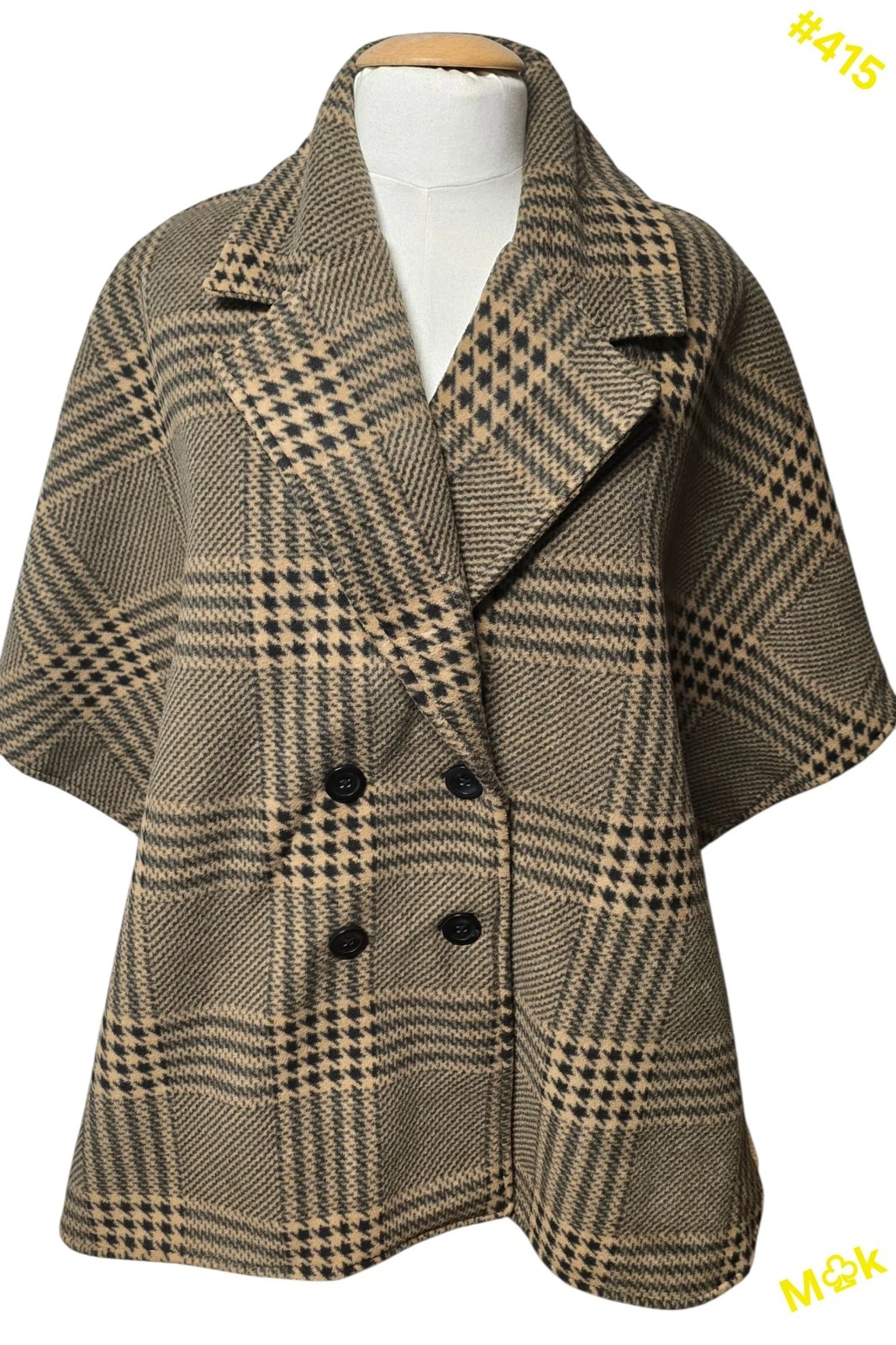 Tahari Women's Black Size S/M Double Breasted Poncho Plaid Button Front NWT