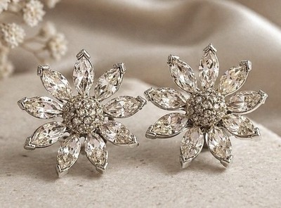 Napier Signed Earrings Marquis Rhinestones Floral Flower Silver Tone Screw Back