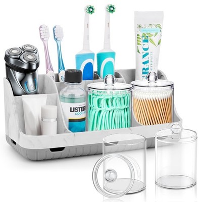 Bathroom Accessory Set 2 Pack Toothbrush Holder Qtip Marble Grey GFWARE Slots