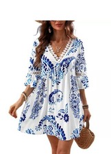 NWT Made With Love Summer Dress Cover Up Sz XXL 3/4 Sleeve V Neck Blue White