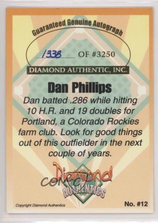2000 Diamond Authentics Signature Series Auto /3250 Dan Phillips #12 Auto - Image 2 of 2