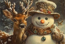 Grußkarte * Kunstlerkarte * Weihnachten * Schneemann mit Hirsch * Winterwald