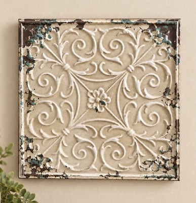 VTG Tin Ceiling Tile Ornate Floral 12x12 Distressed Embossed Metal Wall Decor