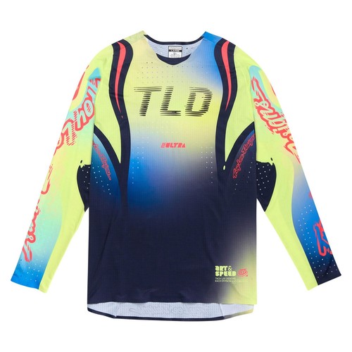 Troy Lee Designs Spring 2025 MX Jersey SE ULTRA Drip Jersey Glo Yellow Dark Navy - Picture 1 of 2