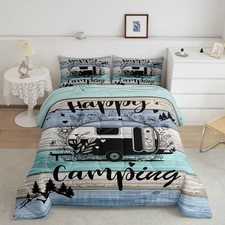 Happy Camping Decor Bedding Set,Kids Boys Girls King Size Camping Travel Trai...