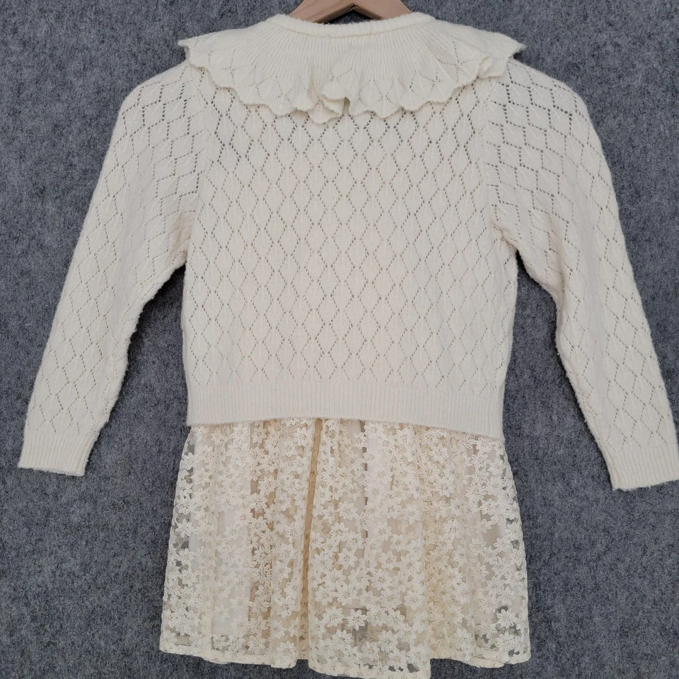 Conjunto Cárdigan Vestido Noralee Niñas 6 Marfil Dorado Encaje Floral Volantes Tejido Vacaciones Foto 3 de 4
