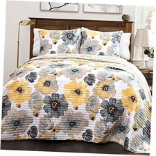 Leah Reversible Floral 3 Piece Set, Full/ Full/Queen Yellow  Gray Quilt Set