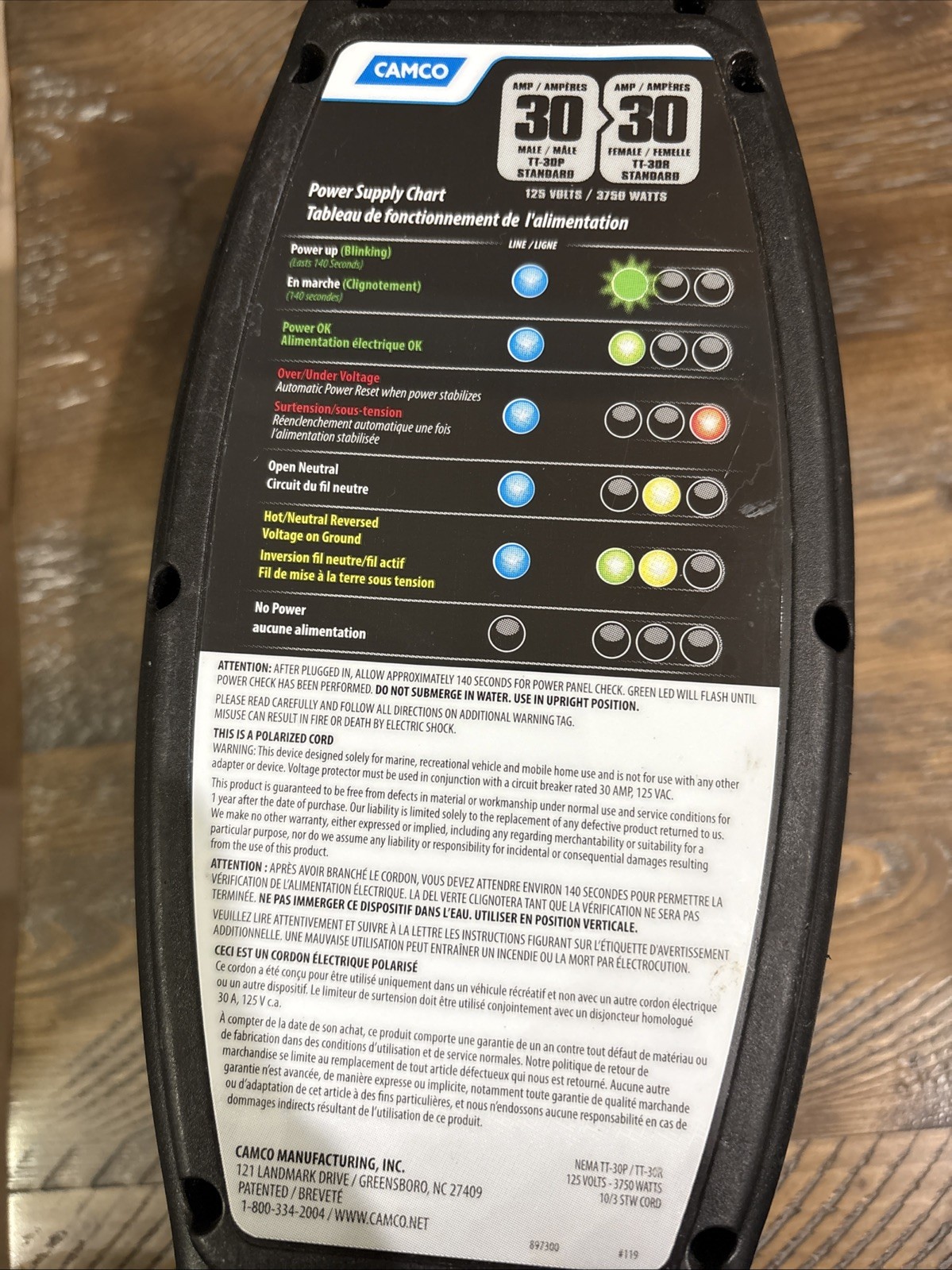 Camco Power Defender 30A 897300 Surge Protector Nema TT-30P TT-30R 125V 3750W