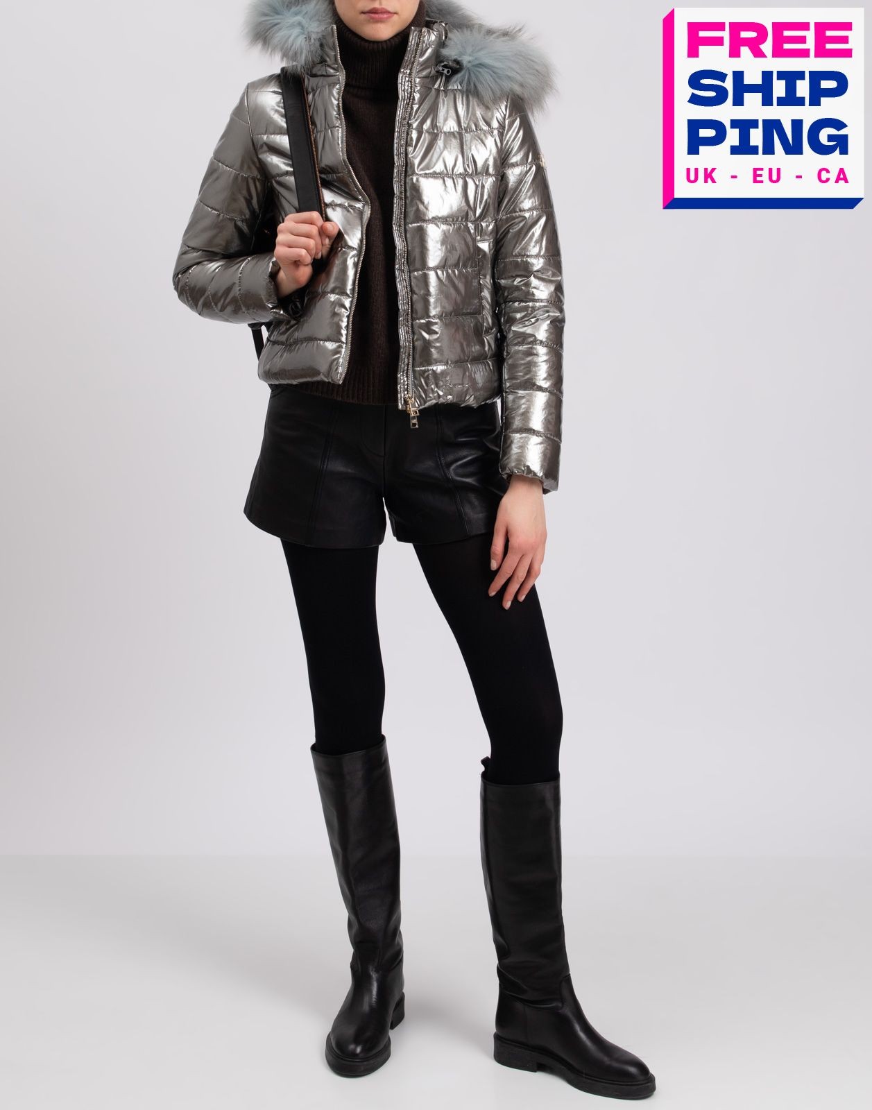 RRP€375 LIU JO Quilted Jacket IT44 US8 UK12 L Padded Metallic Effect Raccoon Fur