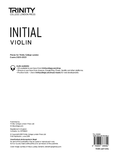 Trinity College London Violin Exam Pieces From 2020: Initial Grade (Part Only) - Image 3