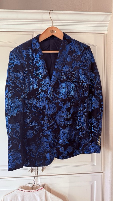 Blue Black Patterned Two Button Formal Jacket Ornate Gold Buttons Size L 58 7773
