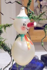 Vintage De Carlini Hand Blown Hand Painted Snowman, Red Nose. Christmas Ornament