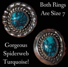Vintage Native American Sterling Silver Turquoise Jewelry Lot of TWO Rings Sz 7