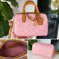 Coach Mini Rowan Crossbody Bag In Signature With Charms in Powder Pink CEK79