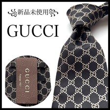 Unused GUCCI GG Pattern Black Gold Silk Tie Men's Designer tie Scarf Gold