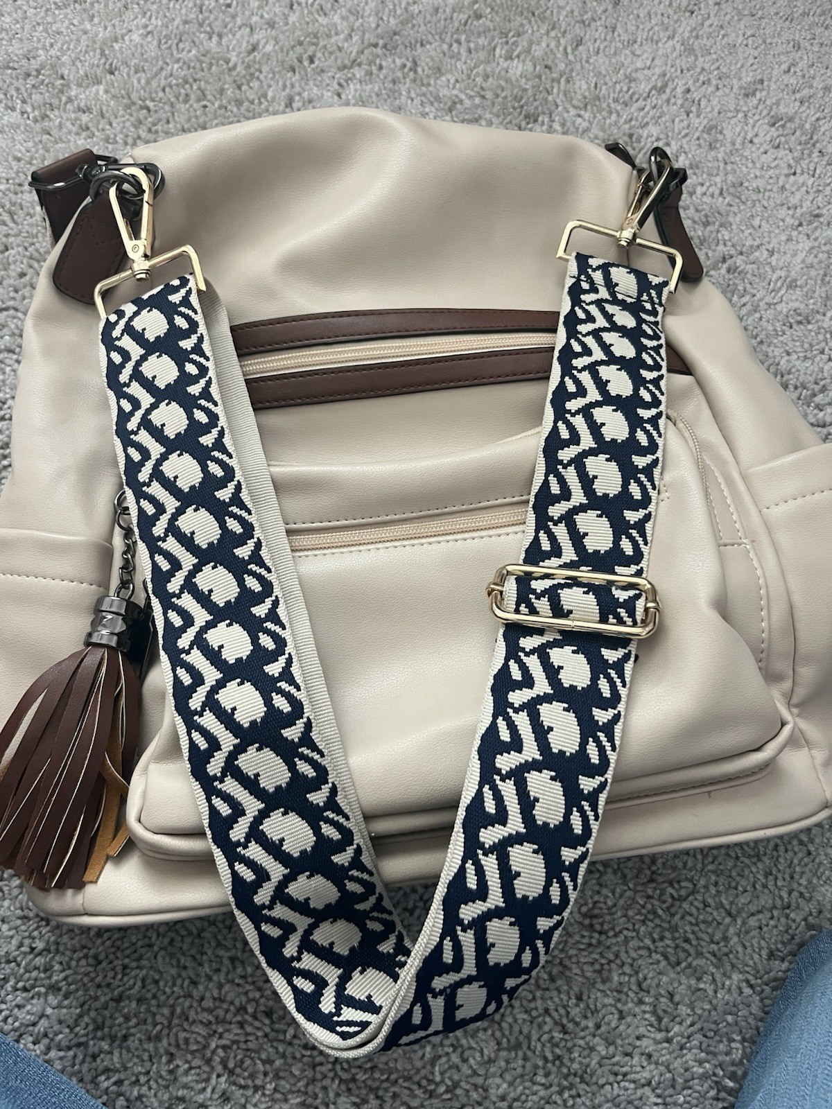 Beige Brown Backpack Purse Patterned Detachable S… - image 3