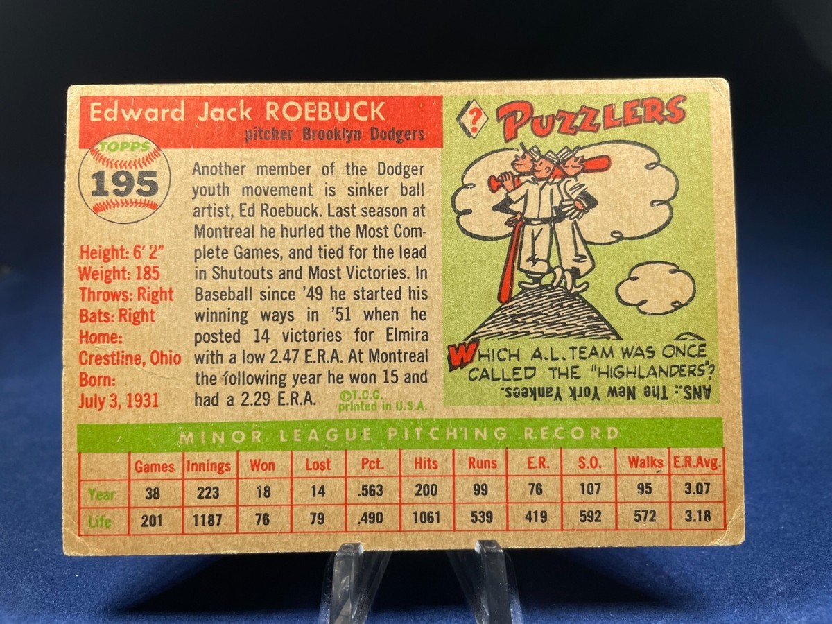 1955 Topps Baseball Card Ed Roebuck #195 Rookie Brooklyn