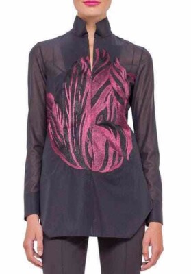 AKRIS  Embroidered Tulip Cotton Voile Tunic / Blouse SZ 42 = US 10 - NWOT