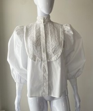 Vintage L 70s 80s Tuxedo Pleated Shirt Top White Bishop Sleeves High Neck Cotton
