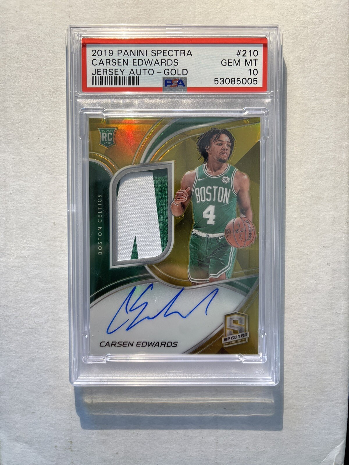 Carsen Edwards 2019 Panini Spectra #210 Gold Prizm Rookie Patch Auto /10 PSA 10