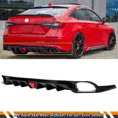 FOR 2022-2023 HONDA CIVIC MC STYLE FE180 GLOSS BLACK REAR DIFFUSER W/ LED LIGHTS