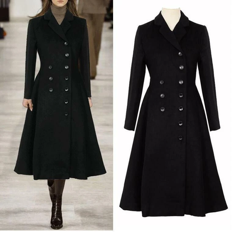 Women New Woolen Double breasted Military Long Parka Jacket A Line