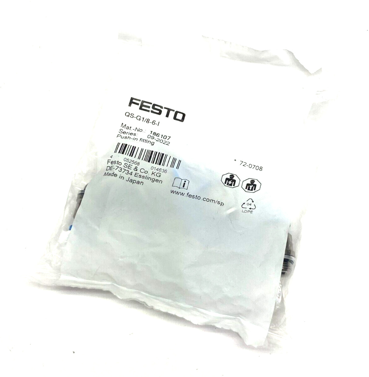 Festo QS-G1/8-6-I Push-In Fitting Male Thread 6mm OD Tube 186107 PKG OF 10