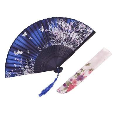 #ad Japanese Silk Sensu Portable Folding Fan Sakura Butterfly Indigo Blue from Japan $24.50