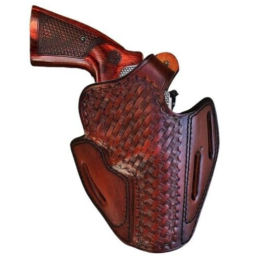 Leather Belt Holster Fits Ruger GP100, SP101 - 3 Slot Style - Basket Weave