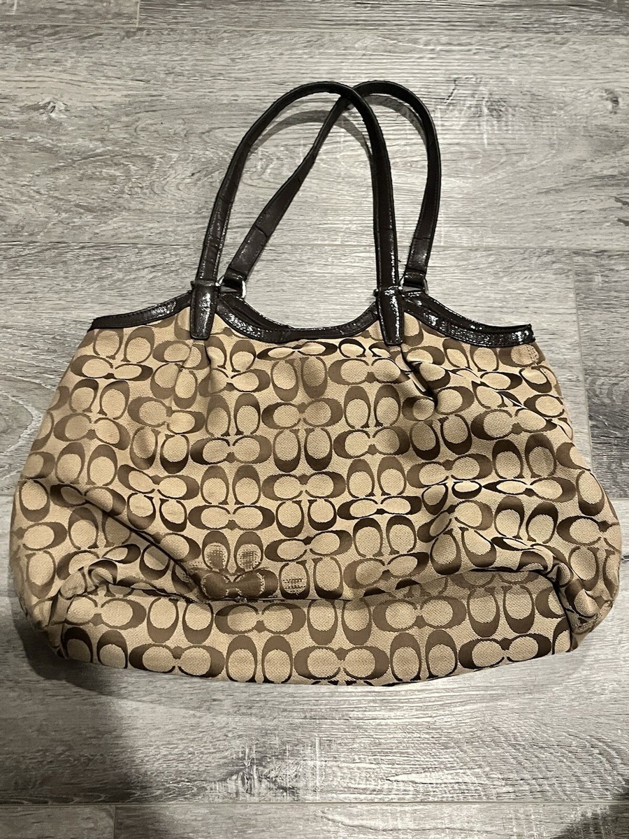 Coach F28503 Signature Stripe Devin Shoulder Tote Brown Bag Read