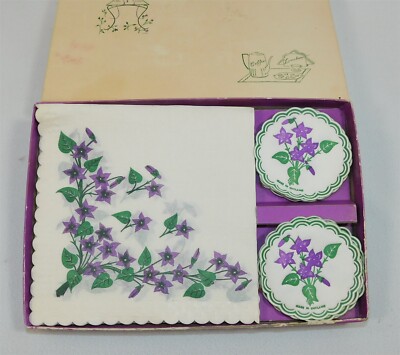 Vintage Crepe Paper Napkin and Coaster Set Violet Flowers Freund Mayer & Co