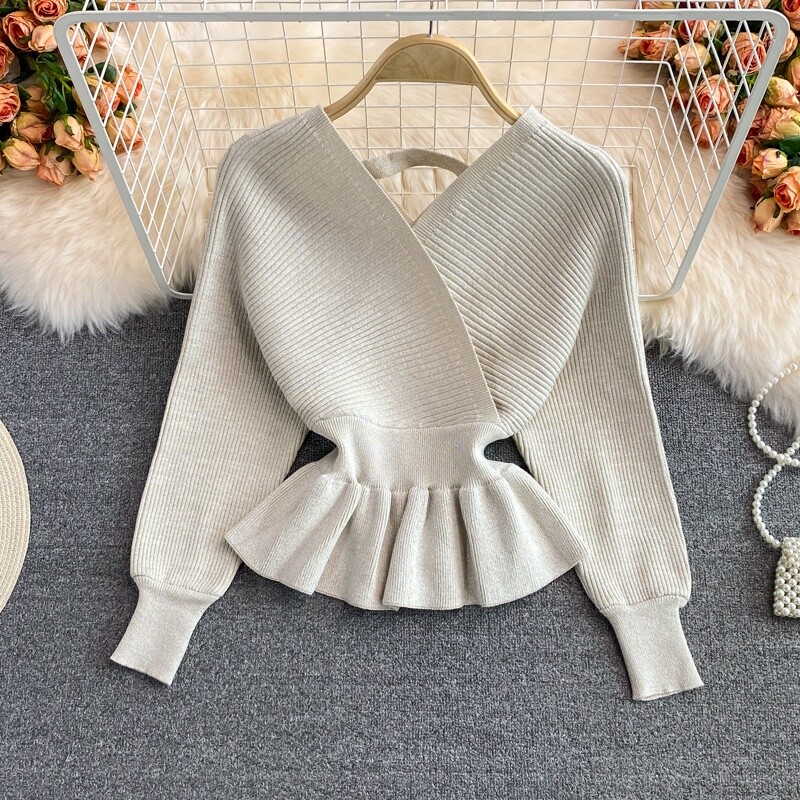 Women Ruffles Jumper Sweater V Neck Peplum Tops Shiny Pullover Knitwear