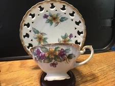 Vintage Footed Tea cup and Saucer Floral Design Gold Trim Reticulated Saucer 75C
