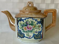 Vintage  Japan Hand Painted Peach Luster Ware Teapot  Blue Floral  Lustreware