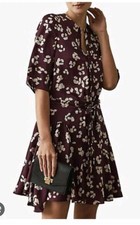 Reiss Olra Paw Print Dress 0 USA UK 4 Plum Ruffle Silky Mini Short Sleeve