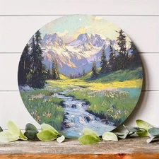 Round Mountain Lake Landscape Aluminum Metal Sign SnowCapped Mountains Pines