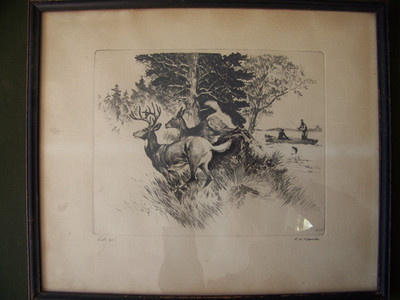 Vintage Copper Etching R.H. Palenske ''Let s Go'' Deer Framed 13 x 15 Hunting