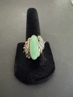 Vintage STER Sterling Silver Green Cabochon Ring Floral Leaf Design Size 7
