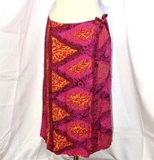 Vtg 80s Hilo Hattie Hawaiian Pink Neon Coral Faux Wrap Skirt Beach Coverup sz L