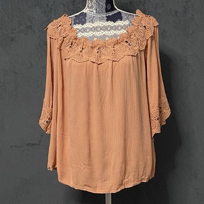 Haute Monde Top Womens XL Boho Peasant Crochet Gauze Off Shoulder Cottagecore