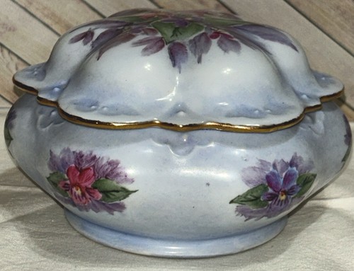 Vintage Hand Painted Pink & Purple Floral Trinket Dish With Lid 3” T By 5.5” W - Picture 10 of 24