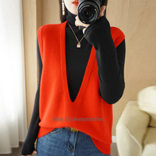 Wool Blend Cashmere Women's V-Neck Loose Solid Color Pullover Outer Knitted Vest