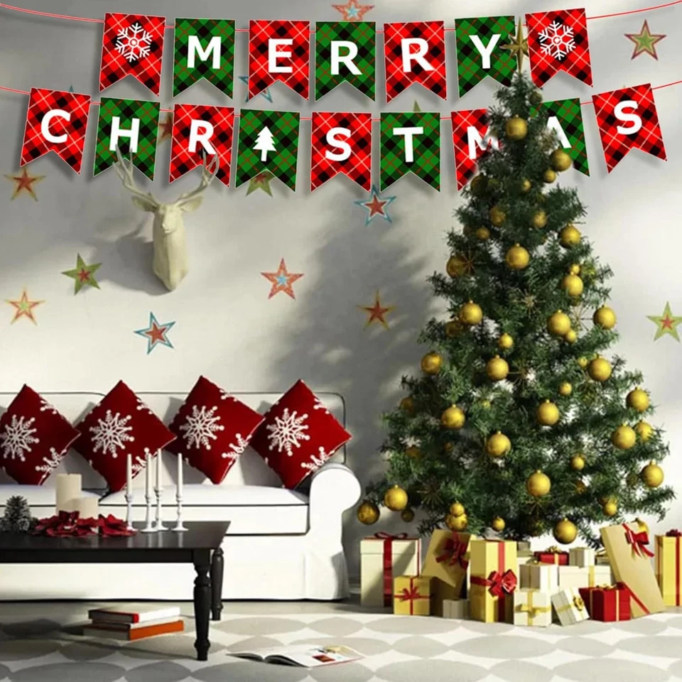 Guirnalda a Cuadros Feliz Navidad Banner Rojo Verde Búfalo Estilo 4 Foto 2 de 4