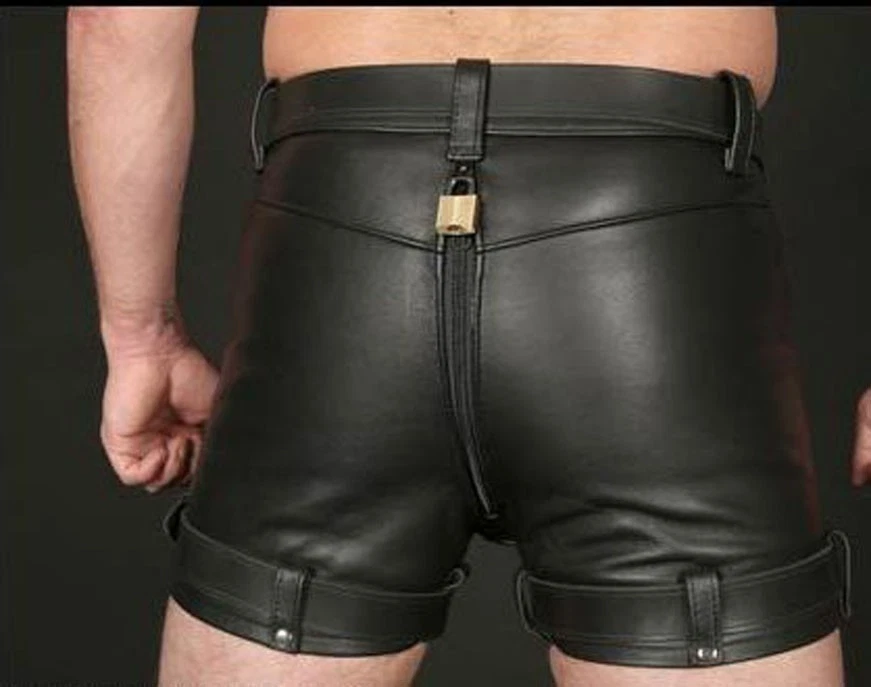 MEN'S LEATHER RESTRAINTS CHASTITY SHORTS+ PADLOCKS BLUF/BONDAGESHORTS USA STOCK - Image 2 of 3